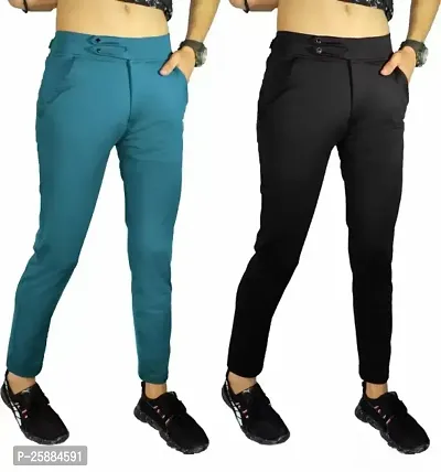 Stylish Multicoloured Lycra Mid-Rise Solid Trousers For Men Pack Of 2-thumb0