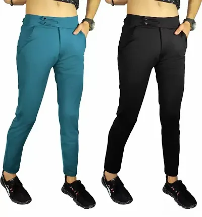 Stylish Lycra Mid-Rise Solid Trousers For Men Pack Of 2