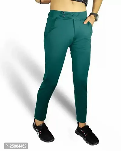 Stylish Green Lycra Mid-Rise Solid Trousers For Men