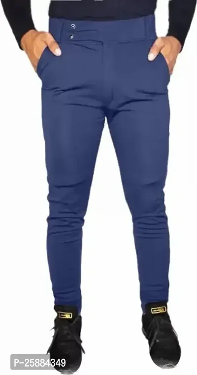 Stylish Navy Blue Lycra Mid-Rise Solid Trousers For Men