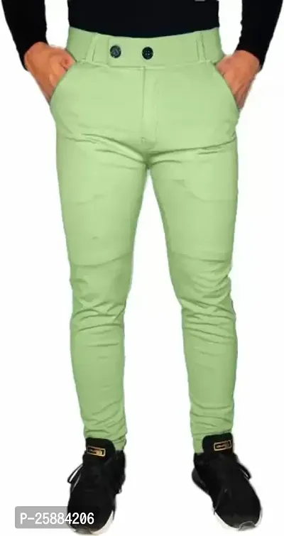 Stylish Green Lycra Mid-Rise Solid Trousers For Men