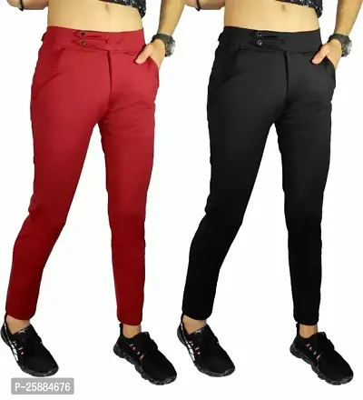 Stylish Multicoloured Lycra Mid-Rise Solid Trousers For Men Pack Of 2-thumb0