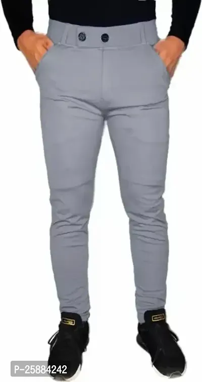 Stylish Grey Lycra Mid-Rise Solid Trousers For Men