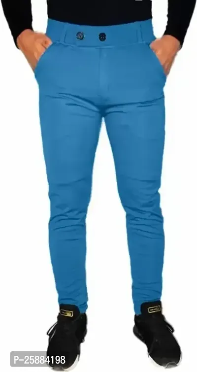 Stylish Blue Lycra Mid-Rise Solid Trousers For Men