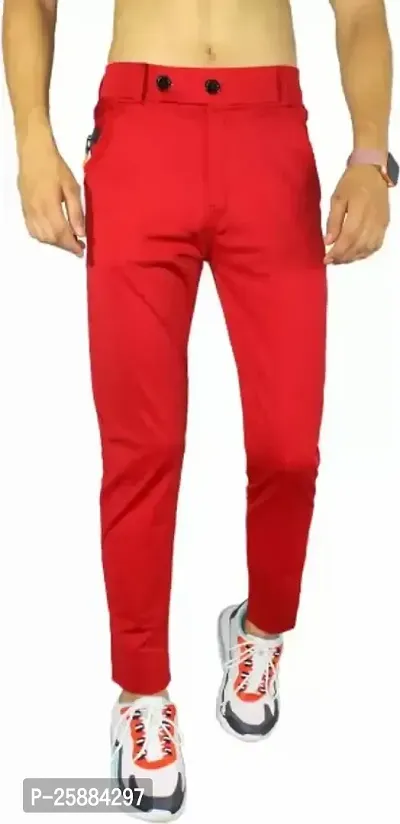 Stylish Red Lycra Mid-Rise Solid Trousers For Men