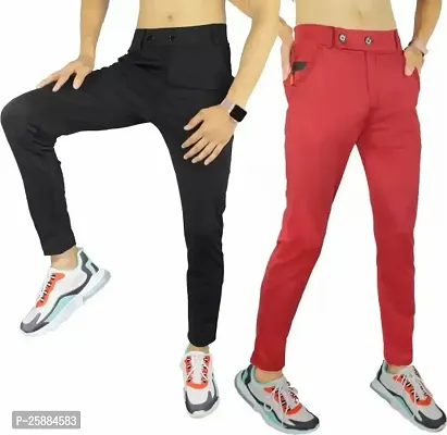 Stylish Multicoloured Lycra Mid-Rise Solid Trousers For Men Pack Of 2-thumb0