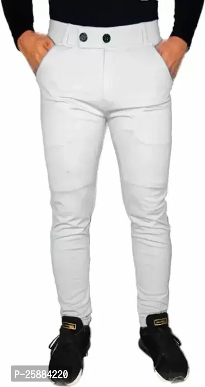 Stylish White Lycra Mid-Rise Solid Trousers For Men