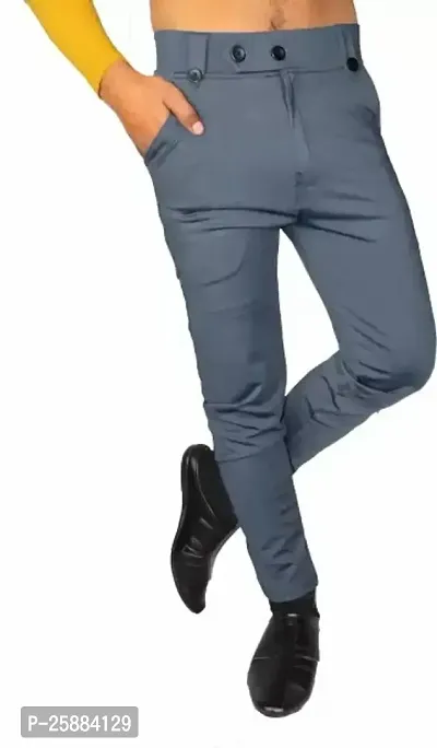 Stylish Grey Lycra Mid-Rise Solid Trousers For Men-thumb0