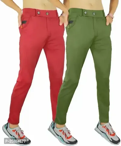 Stylish Multicoloured Lycra Mid-Rise Solid Trousers For Men Pack Of 2