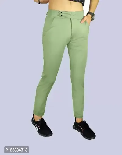 Stylish Olive Lycra Mid-Rise Solid Trousers For Men