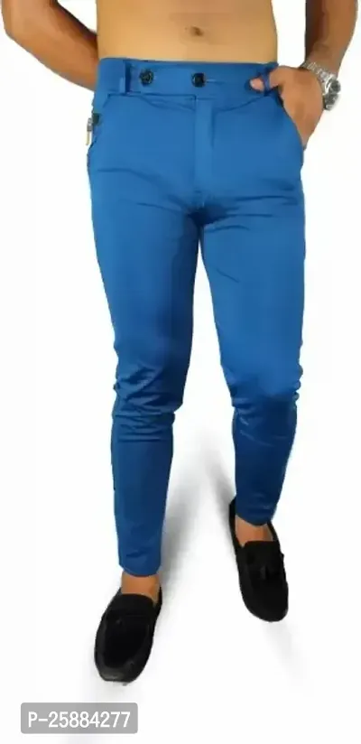 Stylish Blue Lycra Mid-Rise Solid Trousers For Men