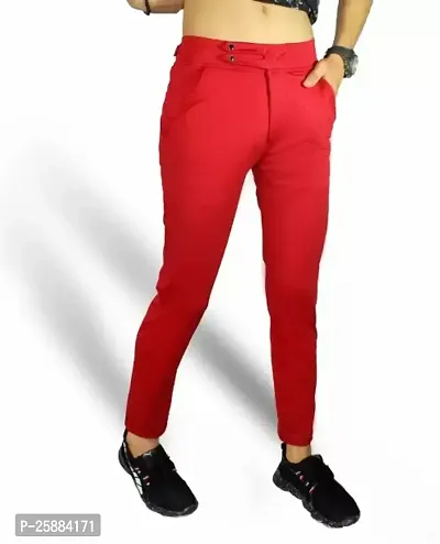 Stylish Red Lycra Mid-Rise Solid Trousers For Men