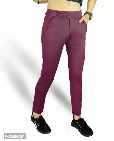 Stylish Purple Lycra Mid-Rise Solid Trousers For Men