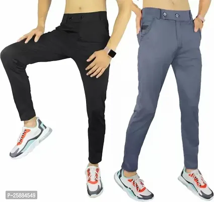 Stylish Multicoloured Lycra Mid-Rise Solid Trousers For Men Pack Of 2-thumb0