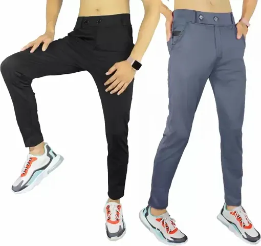 Stylish Lycra Mid-Rise Solid Trousers For Men Pack Of 2