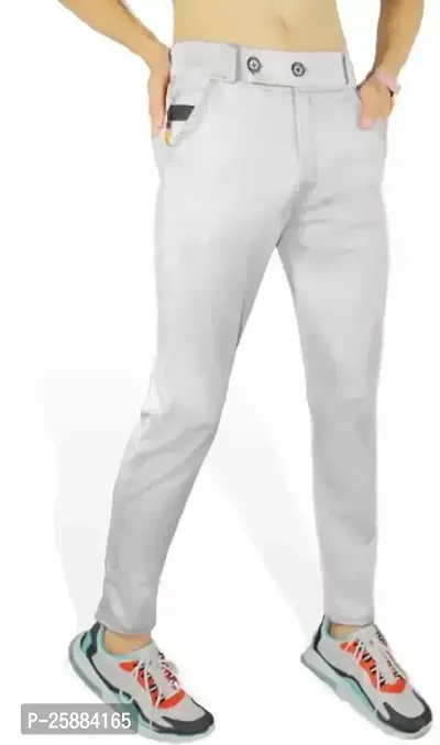 Stylish White Lycra Mid-Rise Solid Trousers For Men