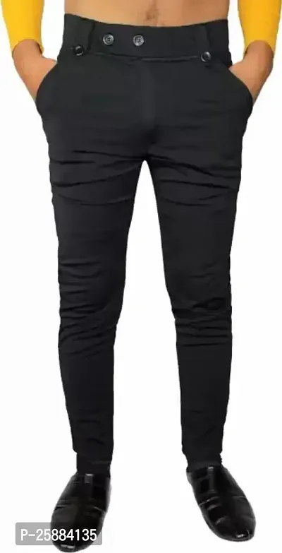 Stylish Black Lycra Mid-Rise Solid Trousers For Men