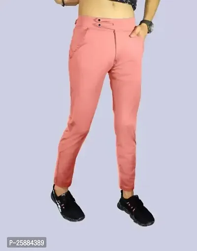 Stylish Peach Lycra Mid-Rise Solid Trousers For Men-thumb0