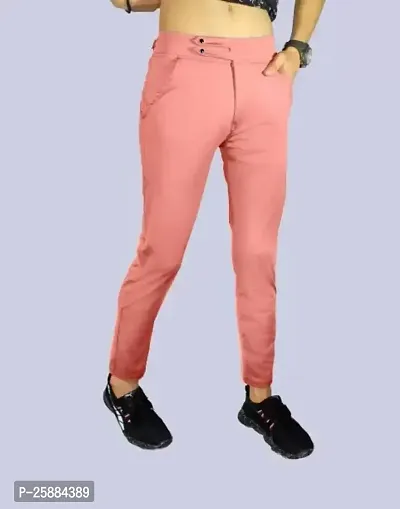 Stylish Peach Lycra Mid-Rise Solid Trousers For Men