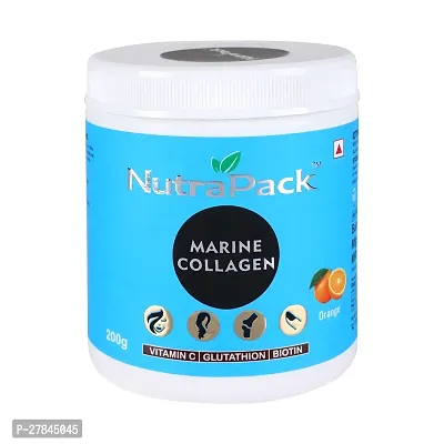 Nutrapack Marine Collagen Powder for Men  Women With Biotin, Vitamins CE for Hair, Nails, Skin Radiance  Anti-Aging | Certified Clean  Vegan with No added Sugar (Orange) (200GM)