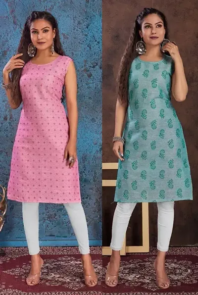 Stylish Cotton Blend Printed Straight Kurtis - Pack Of 2