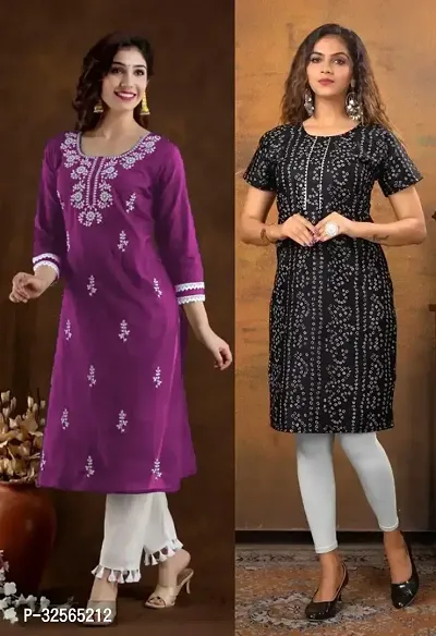 Stylish Multicoloured Cotton Blend Embroidered Kurta For Women Pack Of 2