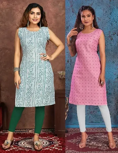 Stylish Cotton Blend Printed Straight Kurtis - Pack Of 2