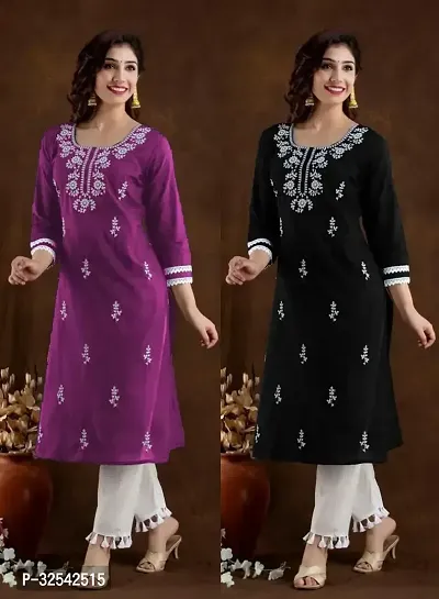 Elegant Cotton Blend Embroidered Kurta For Women- Pack Of 2