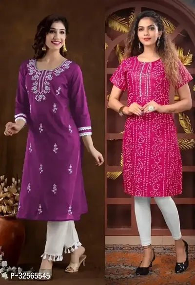 Stylish Multicoloured Cotton Blend Embroidered Kurta For Women Pack Of 2-thumb0