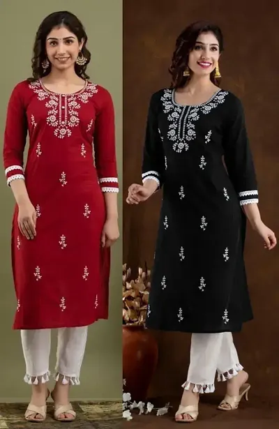 Stylish Cotton Blend Embroidered Straight Kurtis - Pack Of 2