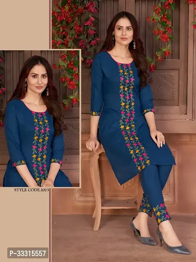 Stylish Navy Blue Cotton Kurta With Bottom Set For Women