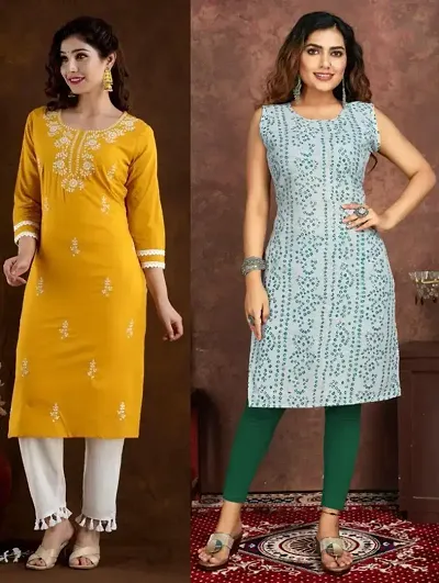 Stylish Cotton Blend Embroidered A-Line Kurtis - Pack Of 2