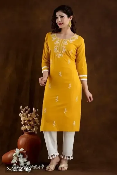 Stylish Yellow Cotton Blend Embroidered Kurta For Women-thumb0