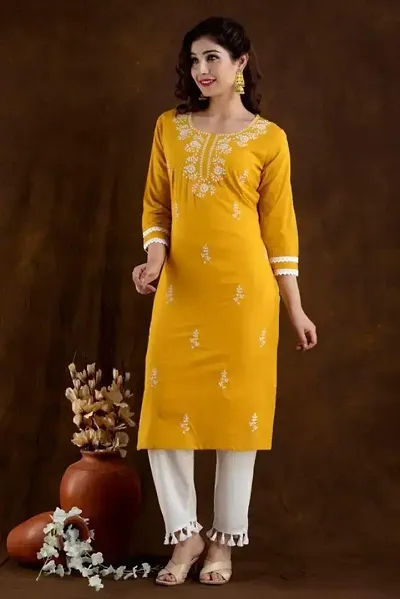 Stylish Cotton Blend Embroidered Straight Kurtis