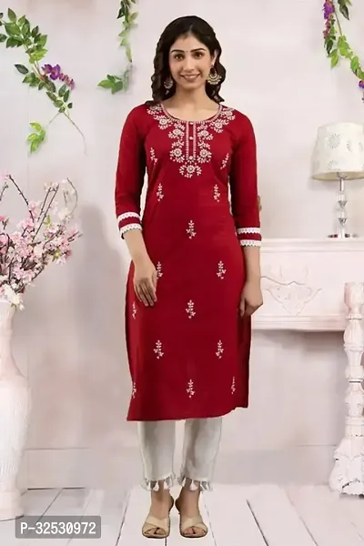 Stylish Red Cotton Blend Kurta For Women-thumb0