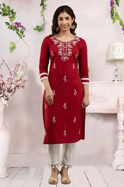 Stylish Cotton Blend Embroidered A-Line Kurtis