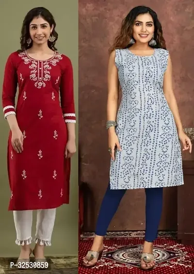 Stylish Multicoloured Cotton Blend Kurta For Women Combo Of 2-thumb0