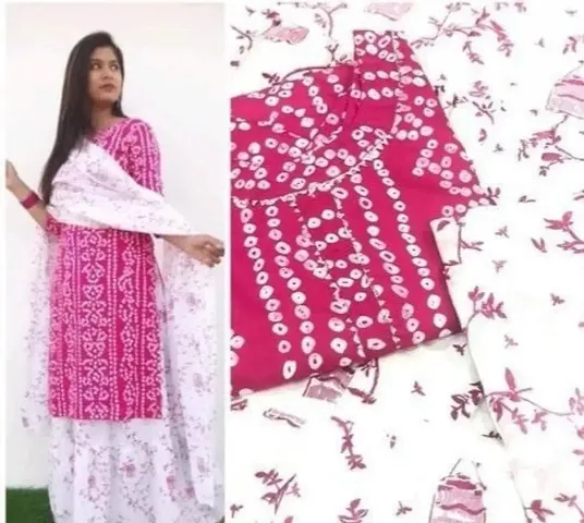 Stylish Cotton A-Line Printed Kurta With Bottom and Dupatta Set