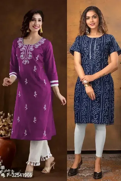 Elegant Cotton Blend Embroidered Kurta For Women- Pack Of 2-thumb0