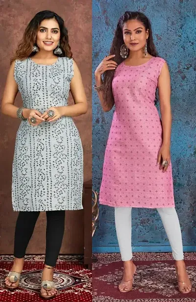 Stylish Cotton Blend Printed Straight Kurtis - Pack Of 2