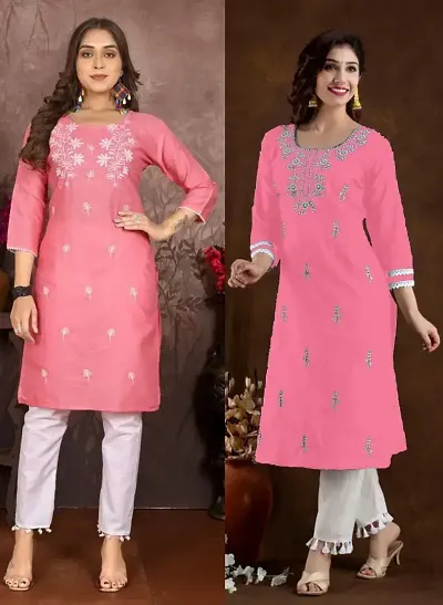 Stylish Cotton Blend Embroidered Straight Kurtis - Pack Of 2