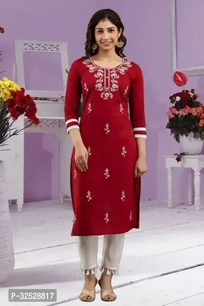 Stylish Red Cotton Blend Kurta For Women-thumb0