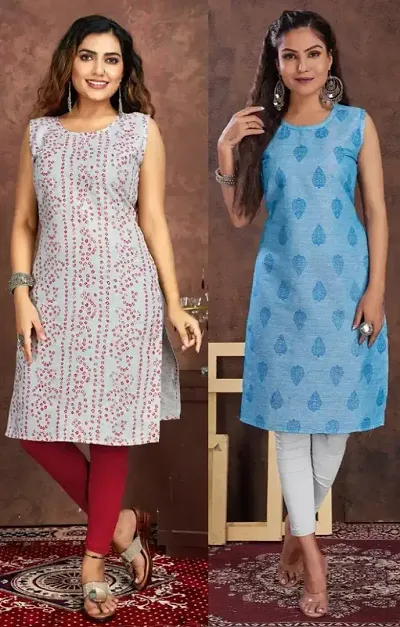 Stylish Cotton Blend Straight Embroidered Kurtis - Pack Of 2