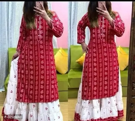 Stylish Red Rayon Slub Kurta Bottom Set For Women