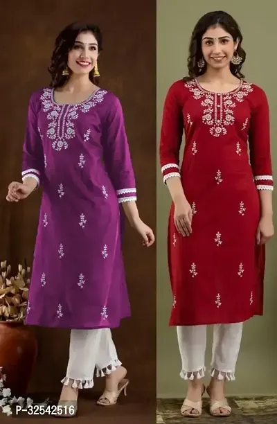 Elegant Cotton Blend Embroidered Kurta For Women- Pack Of 2-thumb0