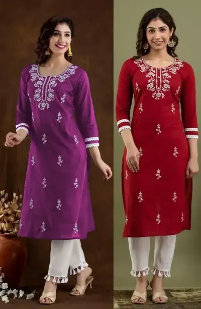 Stylish Cotton Blend Embroidered Straight Kurtis - Pack Of 2