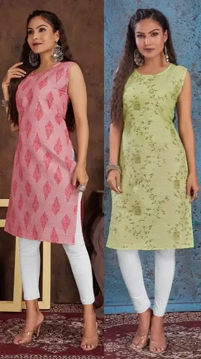 Stylish Cotton Blend Printed Straight Kurtis - Pack Of 2