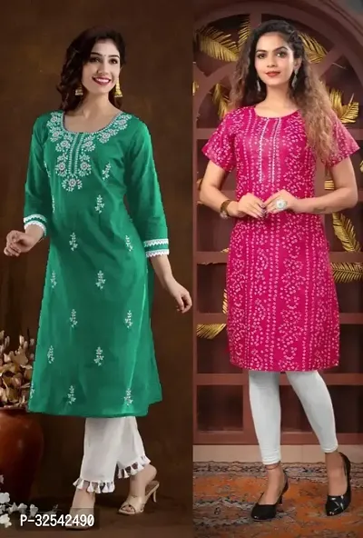 Elegant Cotton Blend Embroidered Kurta For Women- Pack Of 2-thumb0