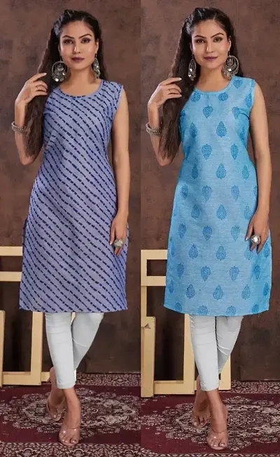 Stylish Cotton Blend Printed Straight Kurtis - Pack Of 2