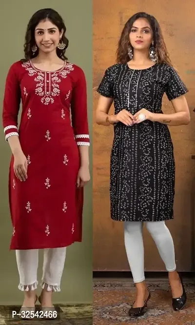 Elegant Cotton Blend Embroidered Kurta For Women- Pack Of 2